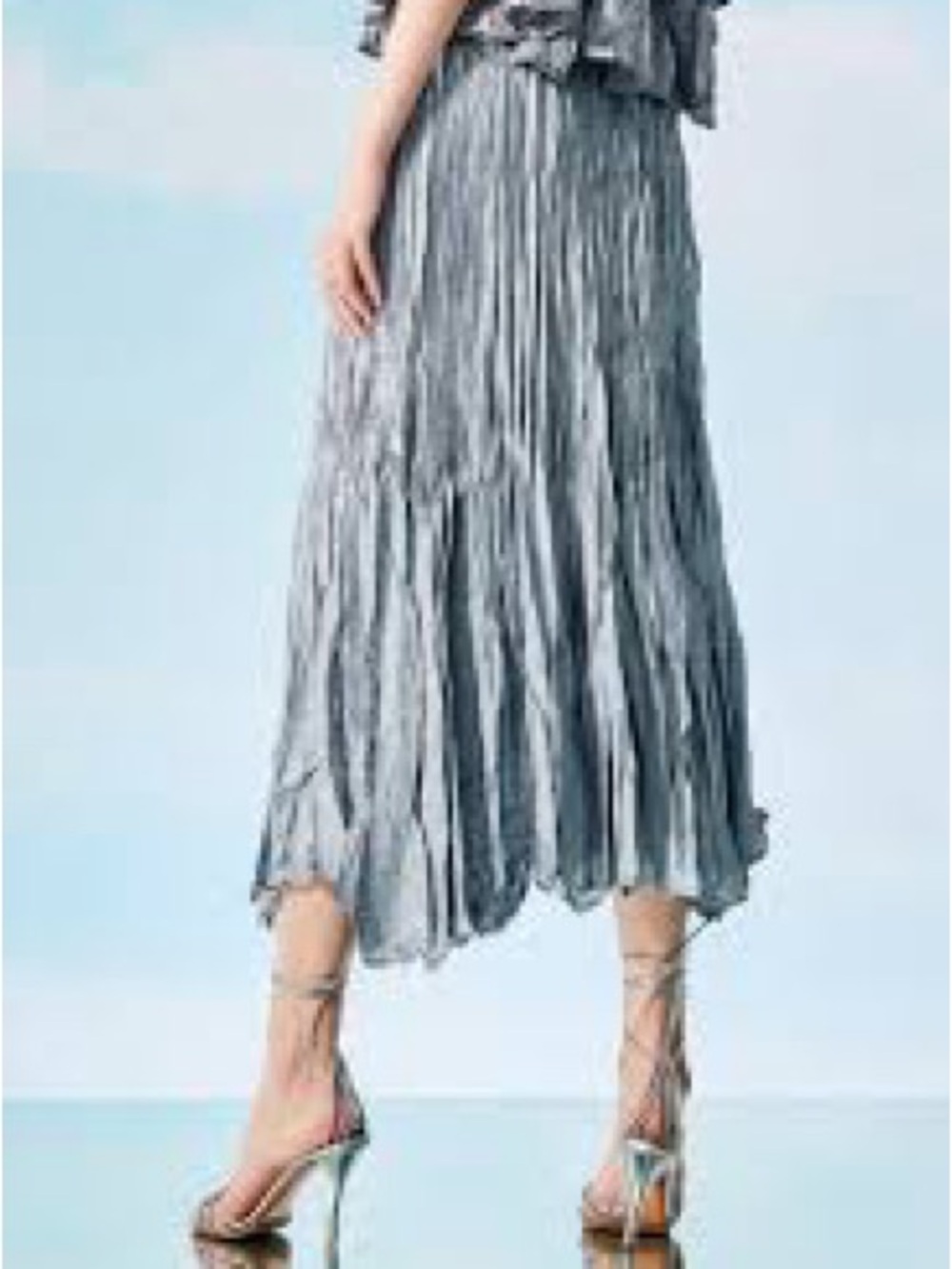 Studio Metallic Pleated Midi Skirt in Silver